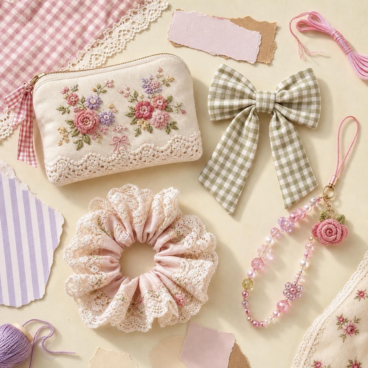 Handmade embroidered pouch, gingham bow, lace scrunchie and beaded charm on a scrapbook flat lay