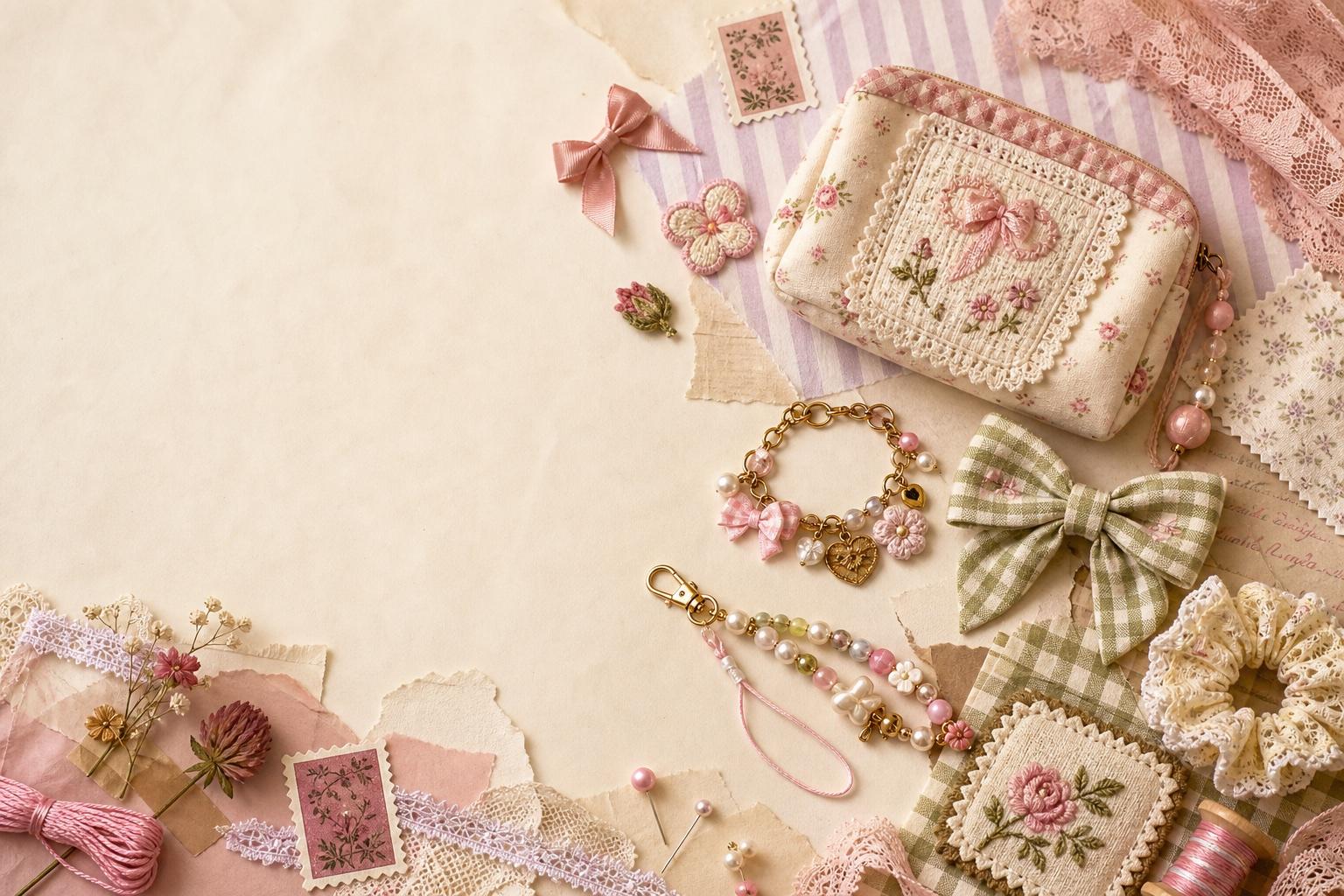 Scrapbook flat lay of handmade embroidered accessories in blush, cream, lilac and sage